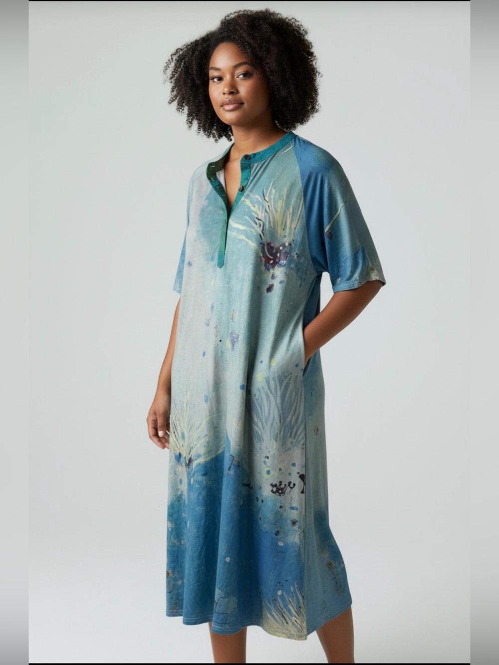 Blue Green 3 Potato Artistic Midi Dress with Buttoned Henley Neck XL/L